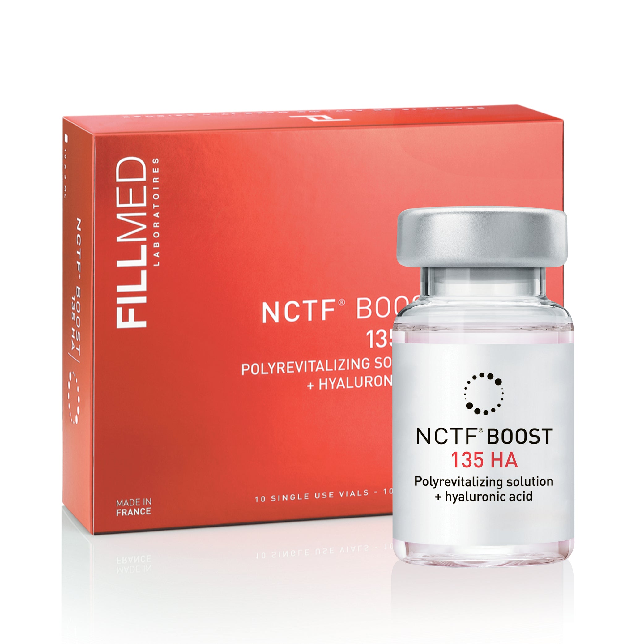 FILLMED NCTF BOOST 135 HA : flacon et boîte rouge du soin cosmétique à application topique
